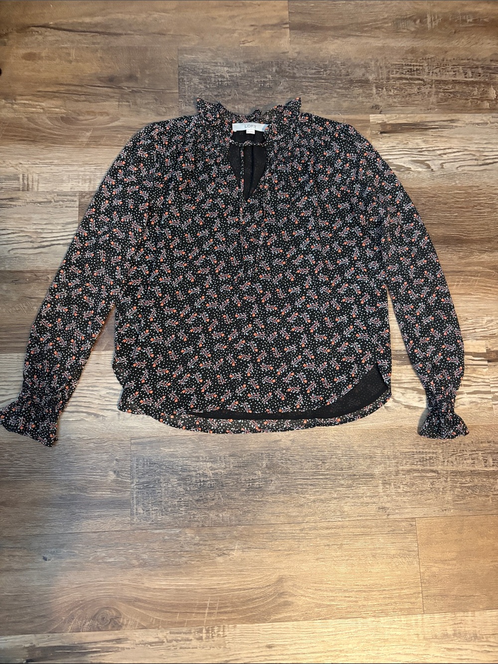 LOFT Woven V-Neck Long Sleeve Floral Blouse - Black with Pink Floral